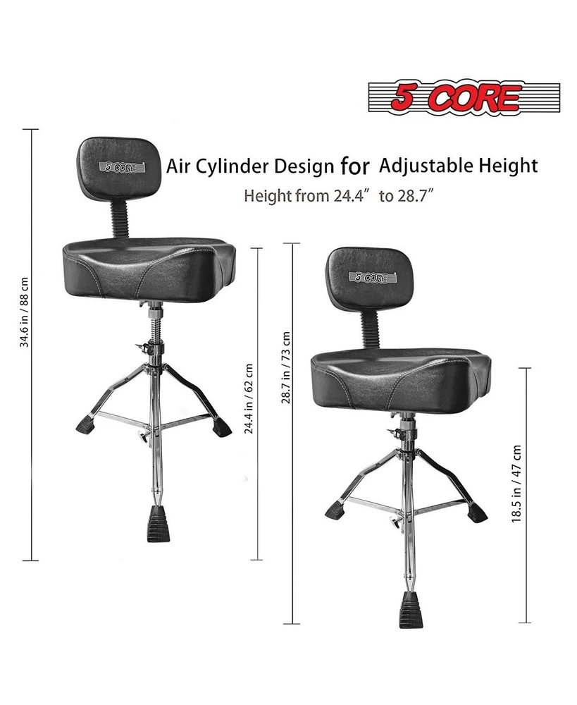 5 Core Drum Throne with Backrest Thick Padded Adjustable Guitar Stool Motorcycle Style Saddle Music Chair Seat for Adult Drummers