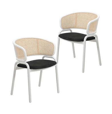 LeisureMod Dining Chair with White Powder Coated Steel Legs and Wicker Back