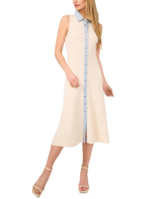 CeCe Women's Denim-Placket Sleeveless Rib-Knit Dress