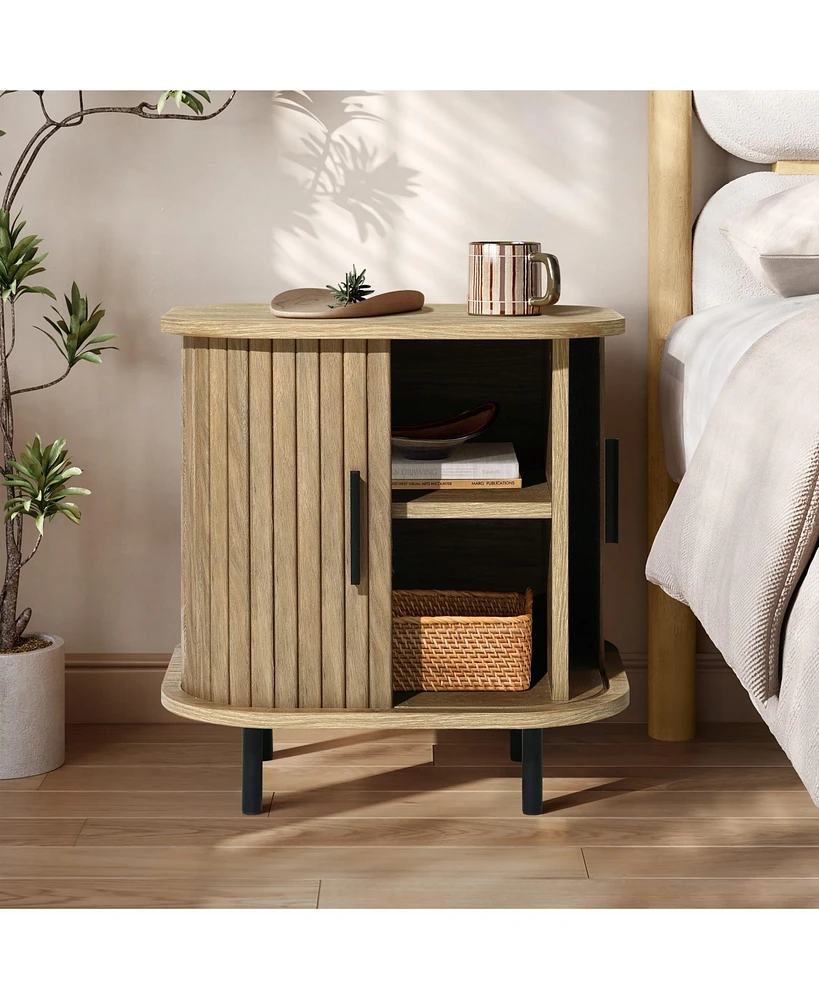 LuxenHome Mid-Century Modern 2-Door Nightstand and End Table with Slatted Slidng Doors
