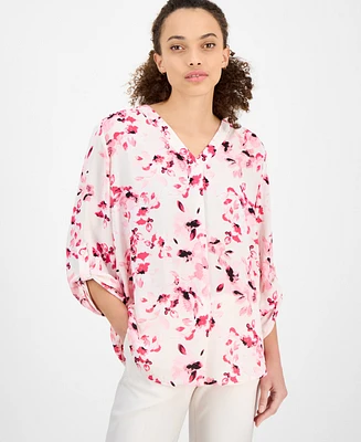 Ak Anne Klein Women's Printed V-Neck Roll-Tab Blouse