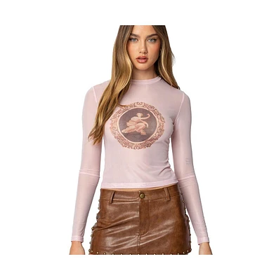 Edikted Womens Vita Vintage Printed Mesh Top