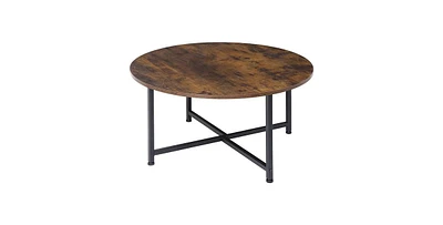 Modern Round Industrial Coffee Table – Wood Top with Metal Frame for Living Room or Lounge