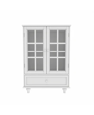 Minimalist White Buffet Cabinet with Double Glass Doors and Drawer, Modern Wooden Storage Sideboard Cupboard for Living room, Dining Room Hallway Entr