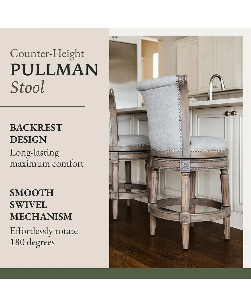 Maven Lane Pullman Counter Stool in Reclaimed Oak Finish with Ash Grey Fabric Upholstery, Set of 4