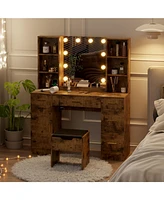 gaomon Led Lighted Vanity Desk With Mirror - Makeup Adjustable Brightness, Metal Drawers, And Open Shelves