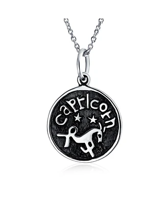 Bling Jewelry Capricorn Zodiac Sign Astrology Horoscope Round Medallion Pendant Necklace Antiqued Sterling Silver