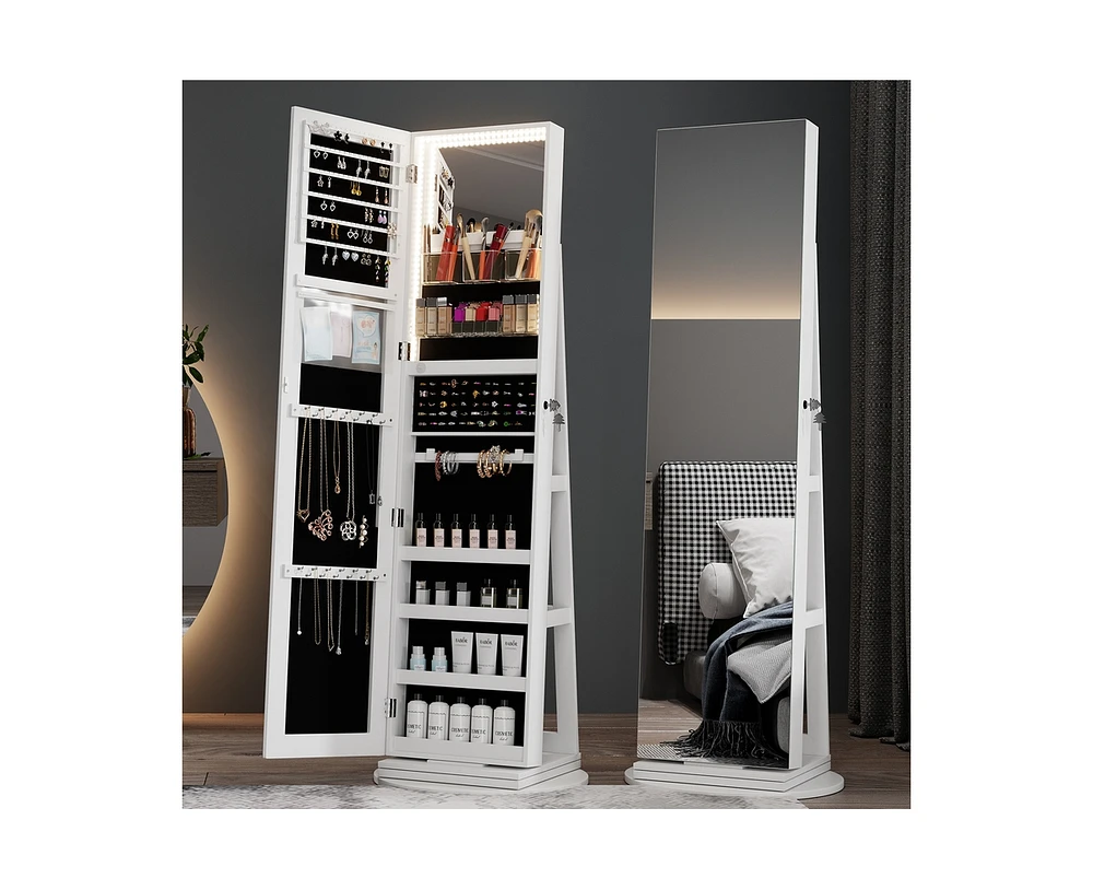 Vlsrka A 360° swivel standing jewelry mirror cabinet with storage shelves, full-length mirror, and Led lights.