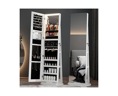 Vlsrka A 360° swivel standing jewelry mirror cabinet with storage shelves, full-length mirror, and Led lights.