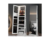 Vlsrka A 360° swivel standing jewelry mirror cabinet with storage shelves, full-length mirror, and Led lights.