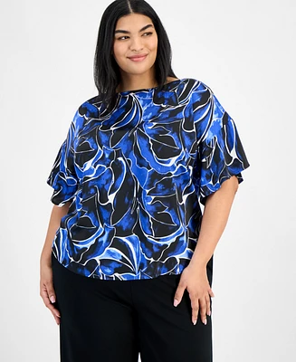 Anne Klein Plus Printed Flutter-Sleeve Blouse
