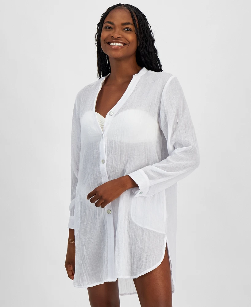 J Valdi Women's Big Shirt Button-Front Long-Sleeve Swim Cover-Up