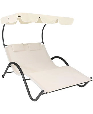 Outdoor Double Chaise Lounge with Canopy Shade and Headrest Pillows, Beige