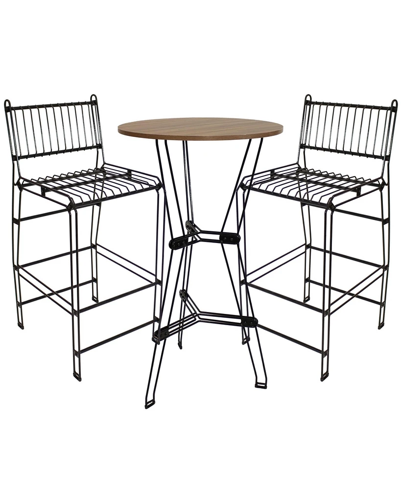3-Piece Indoor Furniture Steel Wire Bar Set with Faux Woodgrain Tabletop - Brown - 3 pc