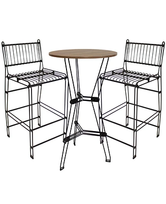 3-Piece Indoor Furniture Steel Wire Bar Set with Faux Woodgrain Tabletop - Brown - 3 pc