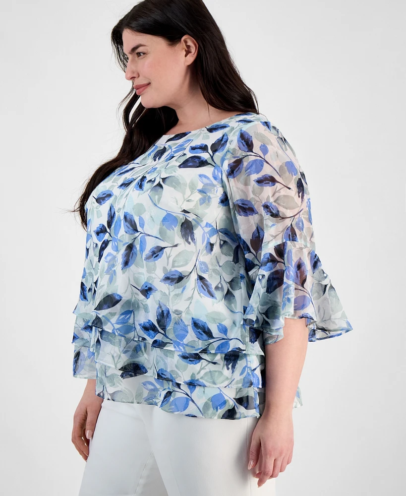 Alex Evenings Plus Floral Print Tiered Bell-Sleeve Blouse