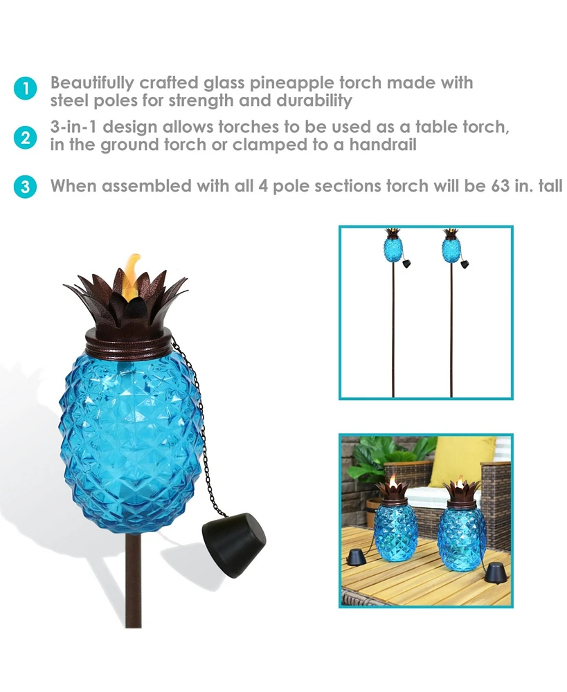 Outdoor Adjustable Height 3-in-1 Glass Tropical Pineapple Torches with Connected Snuffs and Metal Poles - 2pk