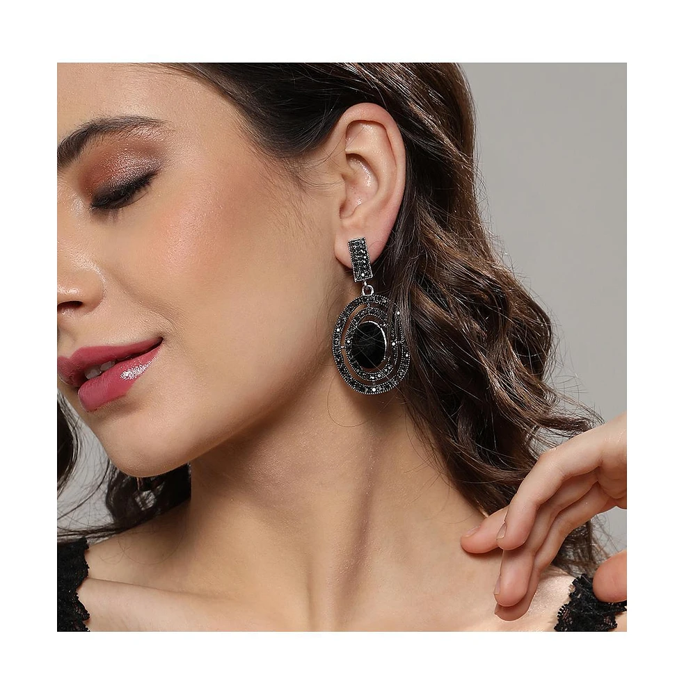 Embellished Lined Oval Drop Earrings