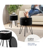 Nestl Textured Velvet Round Ottoman with Storage – Modern Foot Stool, Makeup Vanity Small Rest, Perfect for Living Room & B