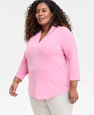 Jm Collection Plus Solid V-Neck 3/4-Sleeve Top, Exclusively at Macy's