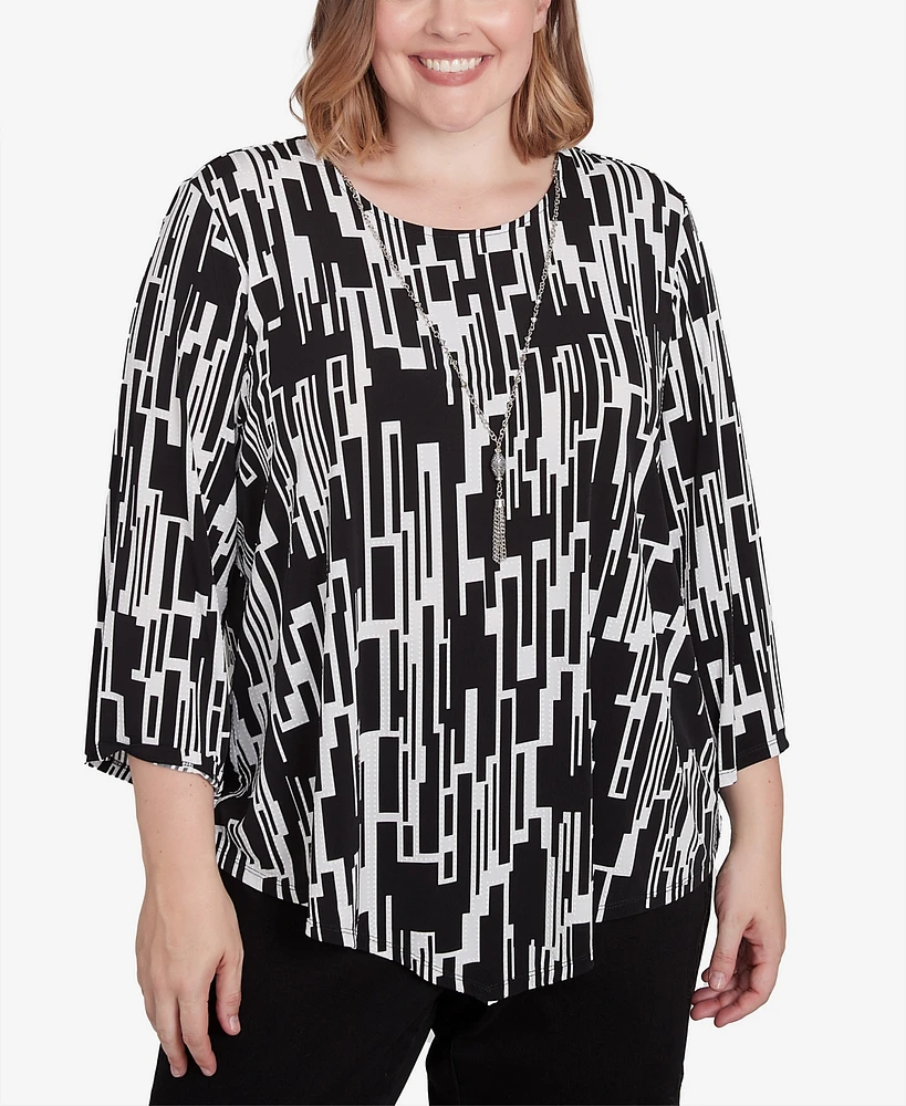 Alfred Dunner Plus Size Classic Vertical Geometric Top with Necklace