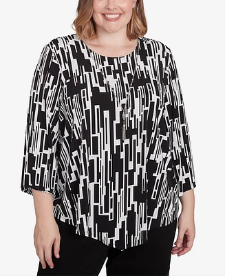Alfred Dunner Plus Size Classic Vertical Geometric Top with Necklace