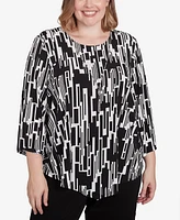 Alfred Dunner Plus Size Classic Vertical Geometric Top with Necklace