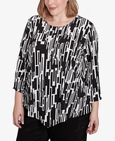 Alfred Dunner Plus Size Classic Vertical Geometric Top with Necklace