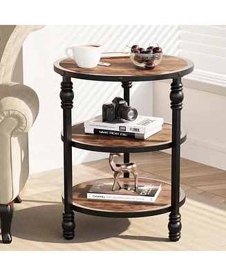 gaomon Round End Table, Small Accent Table with 3 Tier Storage Shelves, Farmhouse Wood Side Table, Metal Frame Industrial Night Stand for Living Room
