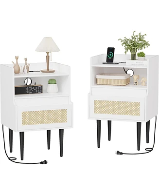gaomon Nightstand Set of 2, Rattan End Table with Charging Station, 2 Open Shelves Beside Table with Drawer and Solid Legs, Modern Accent Table for Be