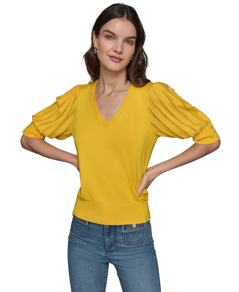 Karl Lagerfeld Paris Women's Puffed-Sleeve V-Neck Sweater