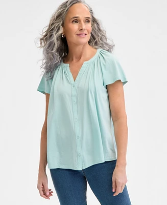 Style & Co Petite Button-Front Flutter-Sleeve Top