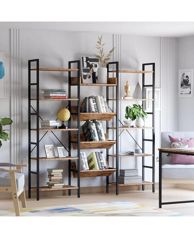 Ironck Bookcases and Bookshelves Triple Wide 5 Tiers Industrial Bookshelf