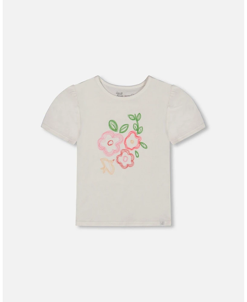 Deux par Deux Toddler Girls Organic Cotton Tee With Puff Sleeve Pink Flower On White Background - Toddler|Child