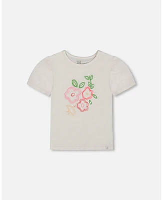 Deux par Deux Toddler Girls Organic Cotton Tee With Puff Sleeve Pink Flower On White Background - Toddler|Child