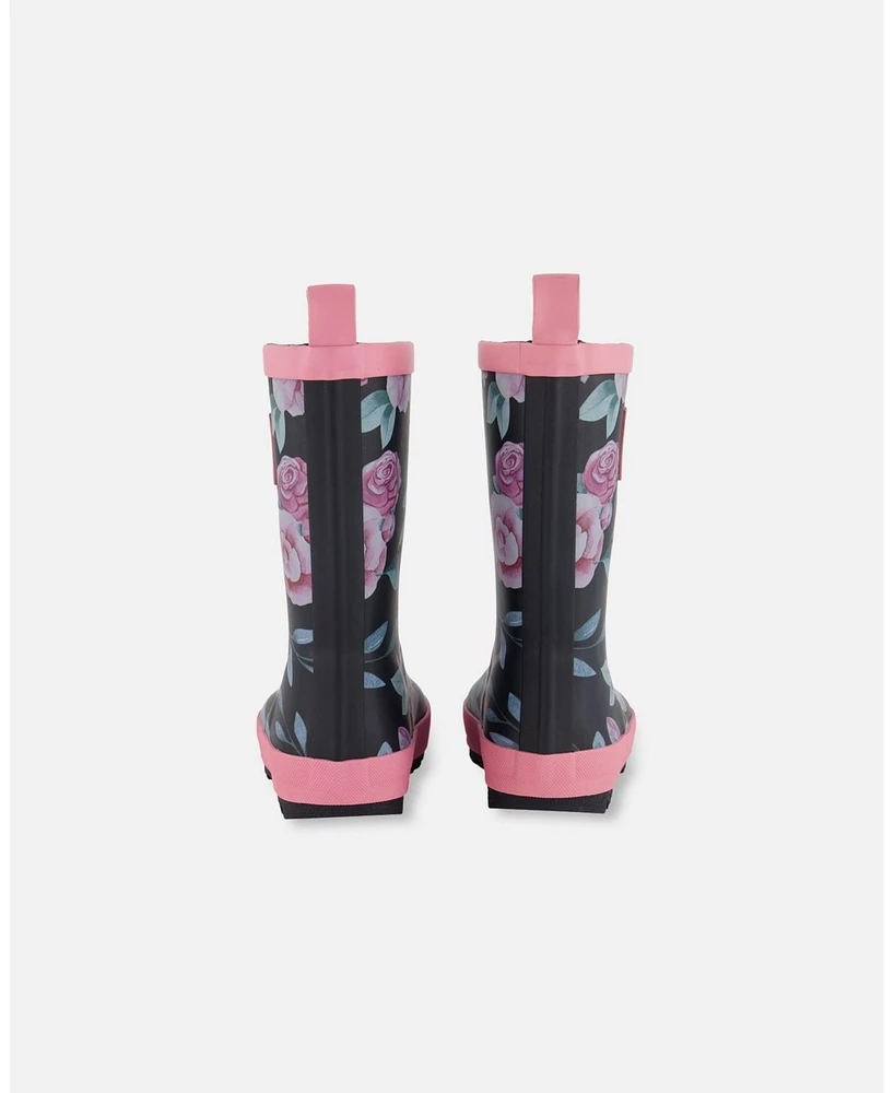 Deux par Deux Little Girls Printed Rain Boots Pink, Black, And Flowers