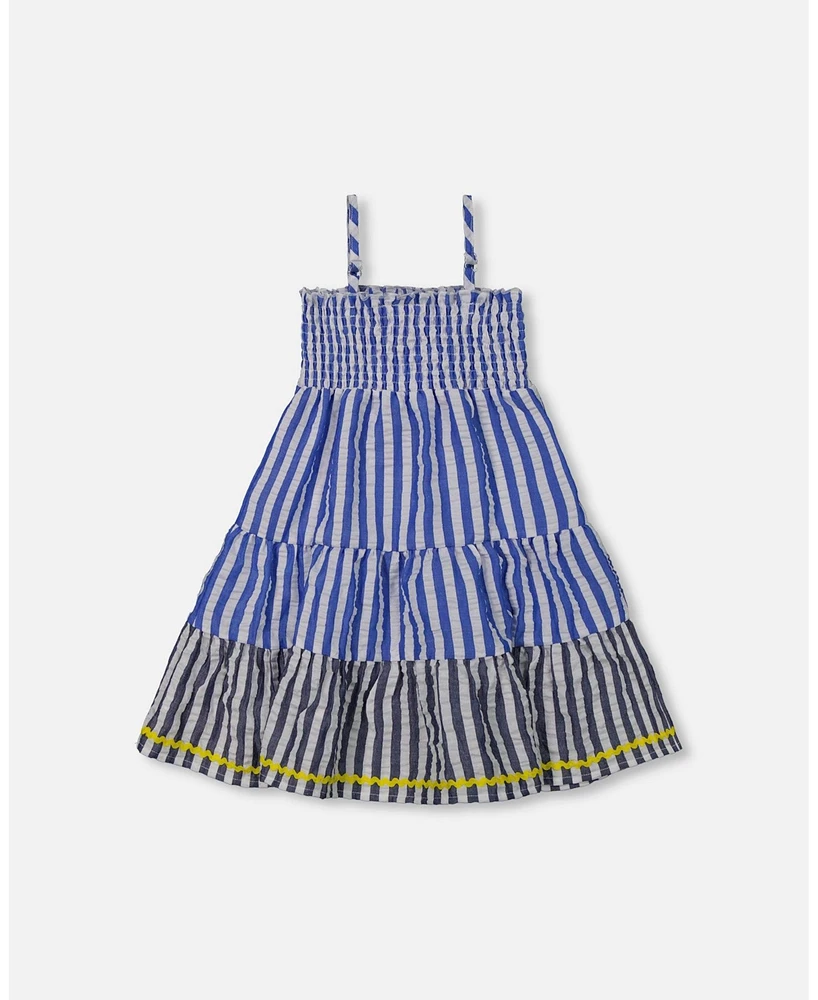 Deux par Toddler Girls Smocked Seersucker Peasant Dress Blue And White Striped - Toddler|Child
