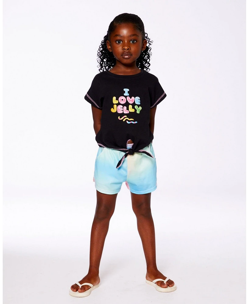 Deux par Big Girls Organic Cotton Tee With Print And Knot Black Multicolored