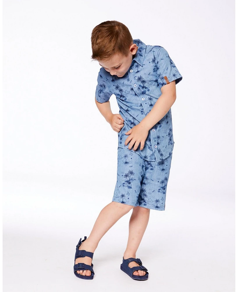Deux par Toddler Boys Printed Chambray Short Pale Blue And Navy - Toddler|Child