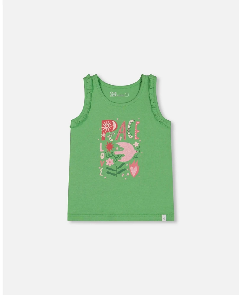 Deux par Deux Big Girls Organic Cotton Tank With Frills Flowers On Green Background