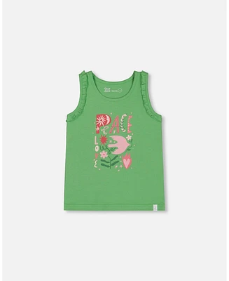 Deux par Deux Big Girls Organic Cotton Tank With Frills Flowers On Green Background
