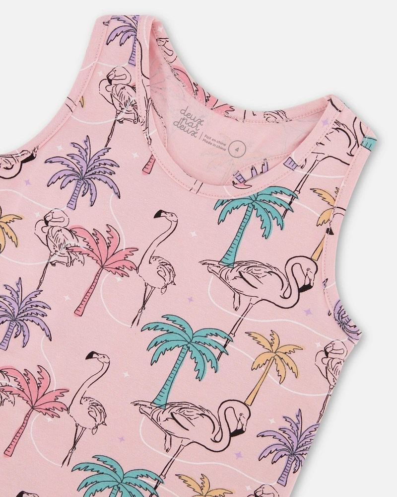 Deux par Big Girls Printed Organic Cotton Tank Top With Fringe Palm Trees, Pink Flamingo, And Turquoise