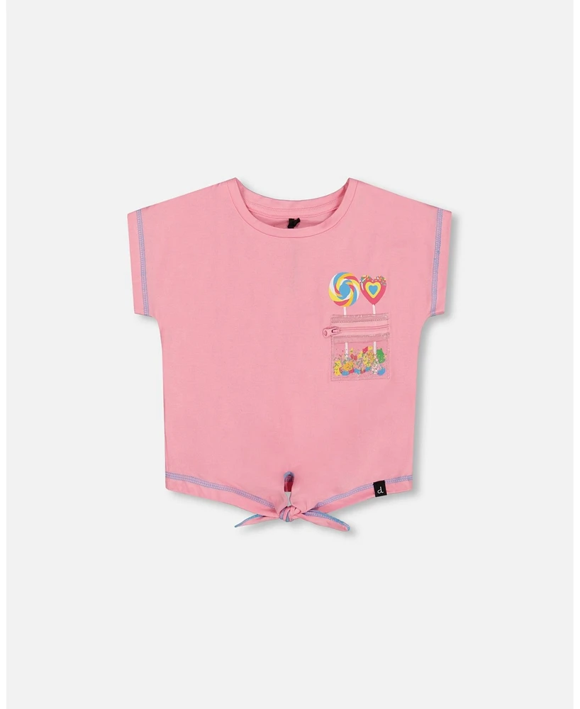 Deux par Deux Toddler Girls Organic Cotton Tee With Print And Knot Candy Pink - Toddler|Child