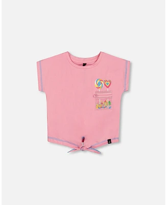 Deux par Deux Toddler Girls Organic Cotton Tee With Print And Knot Candy Pink - Toddler|Child