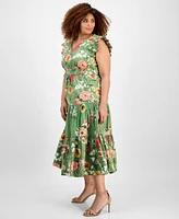 Anne Klein Plus Size Printed Drawstring-Waist Midi Dress