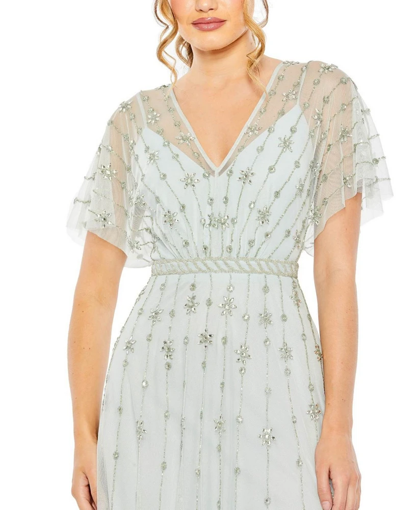 Mac Duggal Women's V-Neck Embellished Flutter Sleeve A Line Gown