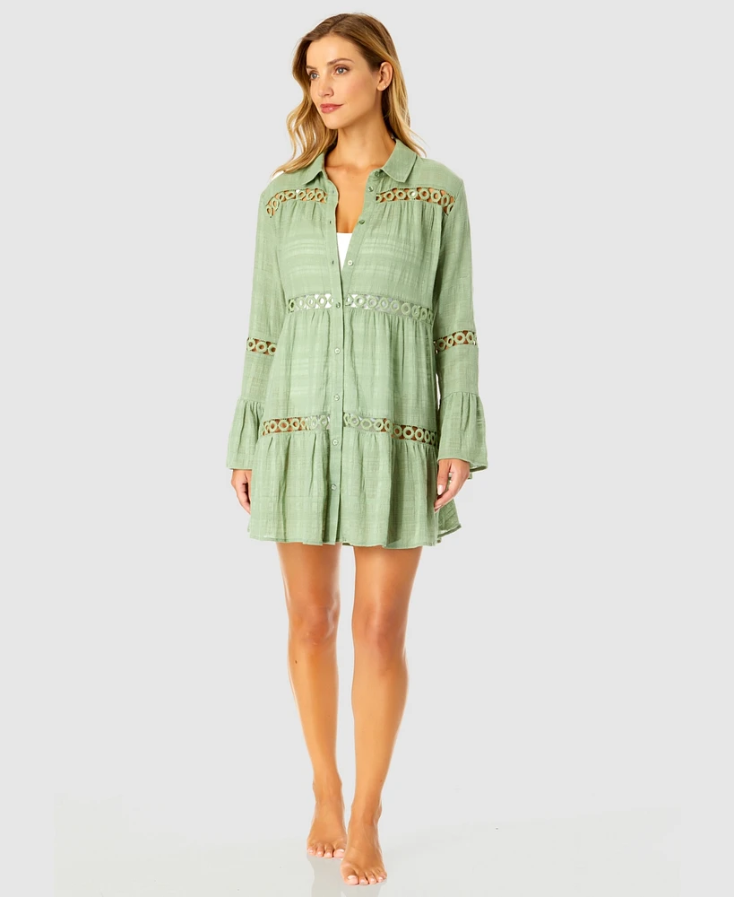 Ibiza Anne Cole Women's Button Up Bell Sleeve Crochet Trim Cover-Up Tunic
