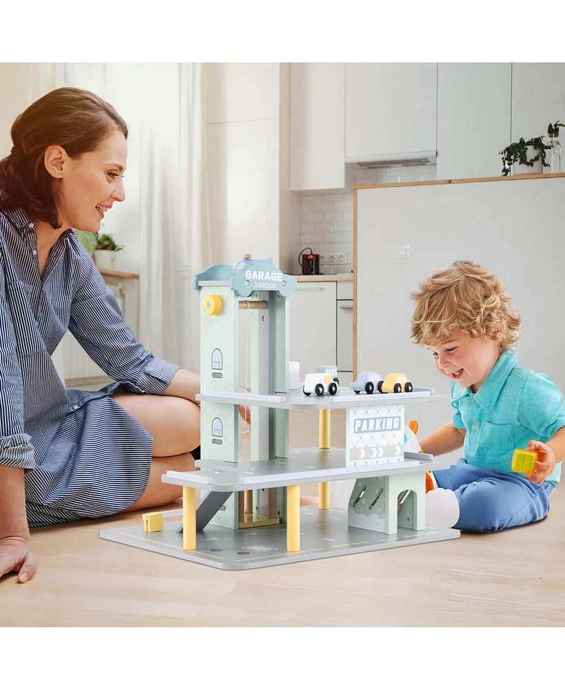 3-Tier Wooden Garage Playset with Working Elevator Helipad Ramp Car Wash Center