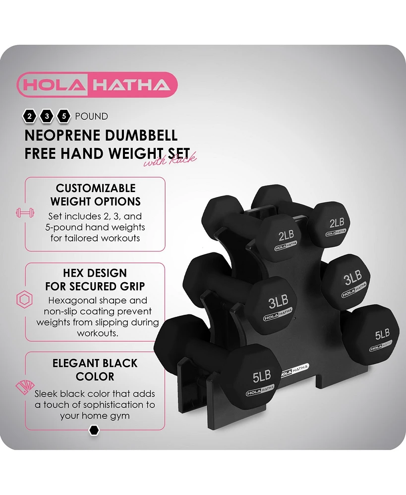 HolaHatha 2, 3, and 5 Pound Neoprene Dumbbell Free Hand Weight Set w/Rack, Black