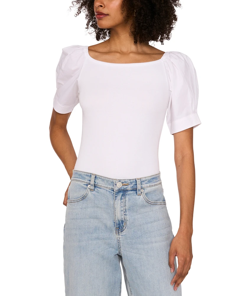 1.state Women's Mixed-Media Puff-Sleeve Top